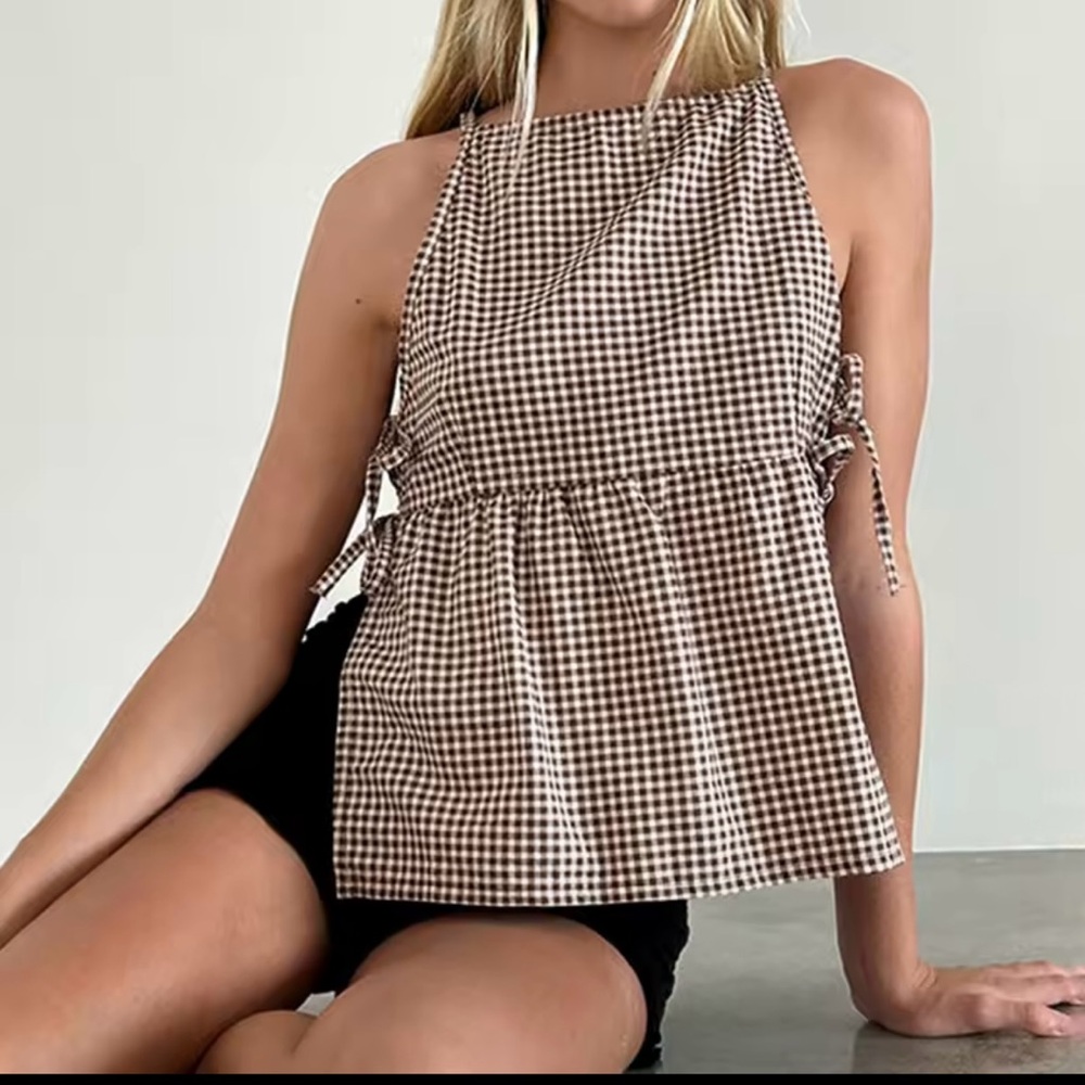 Elegant Brown Checkered Halter Top